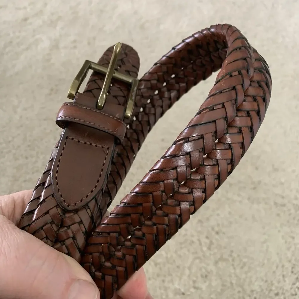 Lands’ End Leather Braided Belt Mens Sz 42 Brown Brass Buckle Adjustable